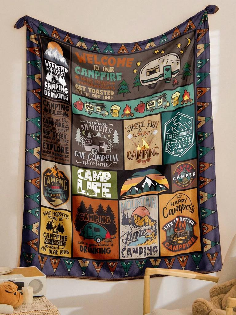 1 Stück Camping-Thema Hip-Hop-Decke Flanelldruck-Decke Für Camping & Reisen Geeignet Für Sofas Schlafzimmer Wohnzimmer Und Betten