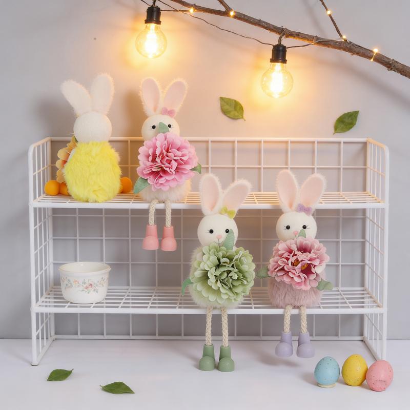 Easter Bunny Decor Cute Rabbit With Flower Hanging Ornaments For Tabletop Mantel Holiday Home Party Table Decorations Gift