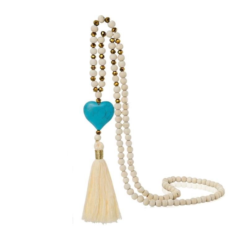 

Bohemian Flowing Fringe Necklace with Blue Faux Turquoise Stone And White Wooden Beads Sweater Chain Jewelry синій