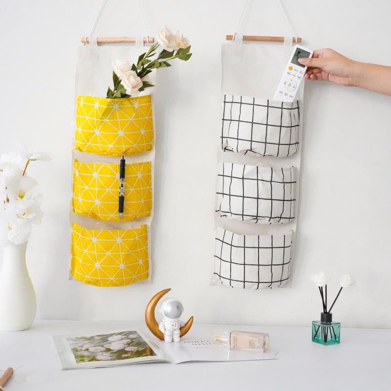 Three-Pocket Cotton Linen Over-the-Door Hanging Storage Bag