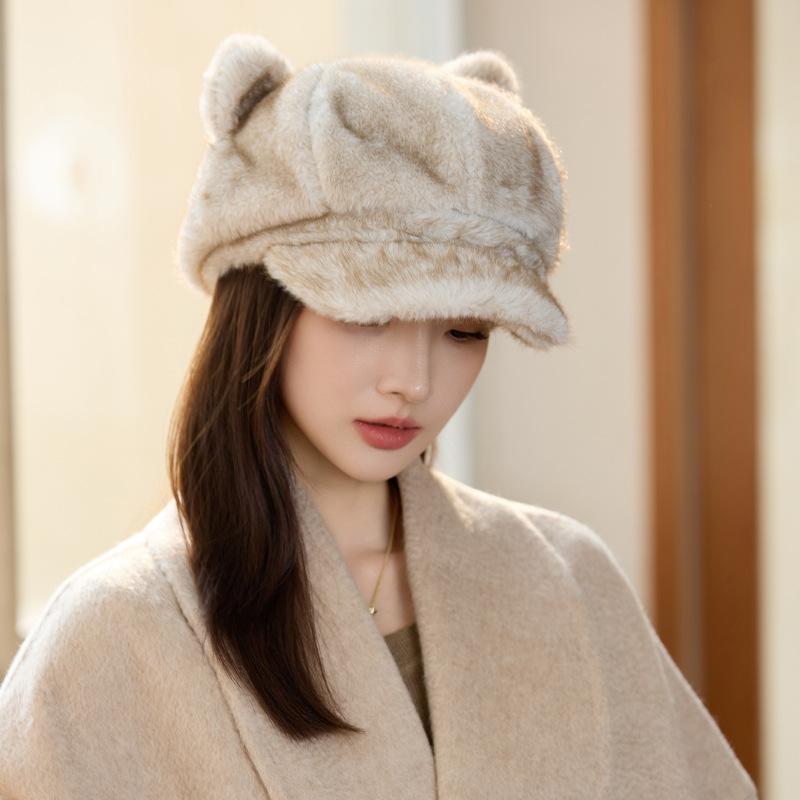 New Imitation Mink Hat Women's Winter Casual Octagonal Hat Thickened Visor Cat Ear Beret