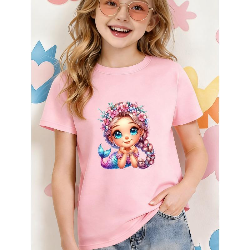 Girls Floral Wreath Mermaid Print Crewneck Short Sleeve Tee