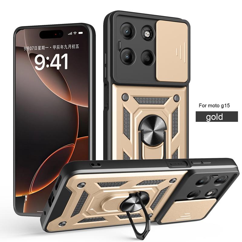 Armor Funda for Motorola Moto G15 5G Case Slide Camera Protection Ring Stand Back Cover for Moto G15 Power Capa
