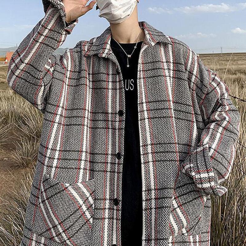 Fashionable Vintage Plaid Loose Wool Men's Clothing Korean Turn-down Collar  Autumn Winter Long Sleeve Casual Pockets Blends