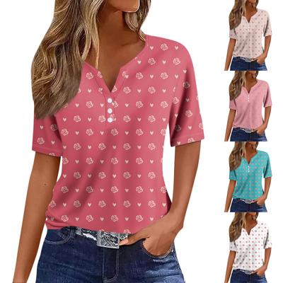 Dámské ležérní tričko s květinovým potiskem, výstřih do V, krátký rukáv, ozdobný knoflík