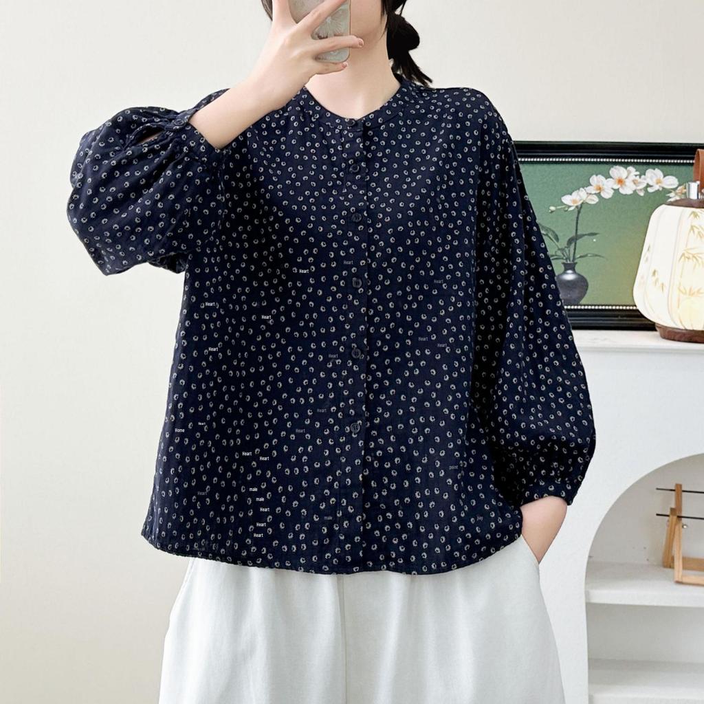 2026 Early Spring Women's Japanese Style Floral Cotton Gauze Lantern Sleeve Top