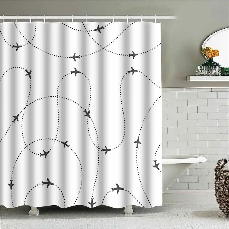 Travel-Themed Shower Curtain Featuring Black Airplanes On A White Background Perfect For Any Bathroom Decor Style!