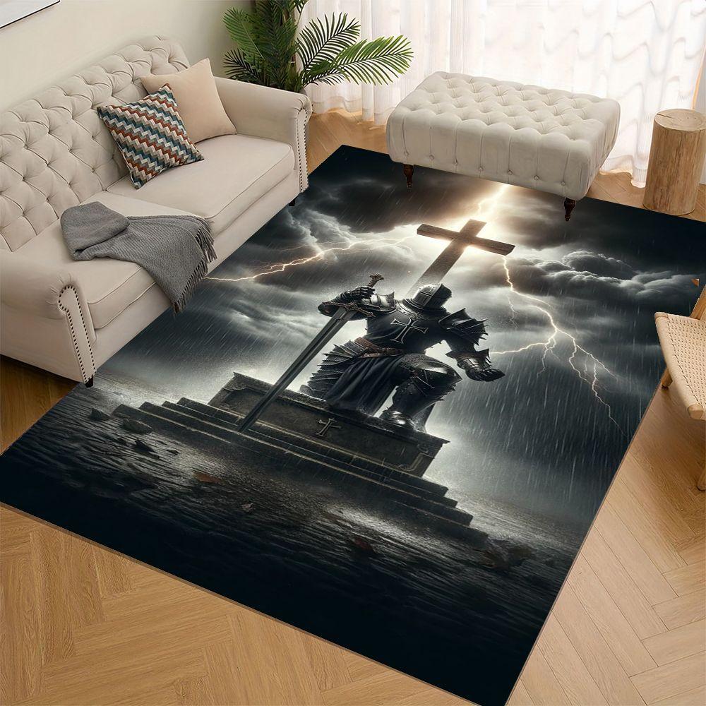 1pc Templar‑Knight‑Cross Print Area Rug, Washable Durable Floor Mat for Entryway, Office, Living Room, Bedroom, Gaming Area