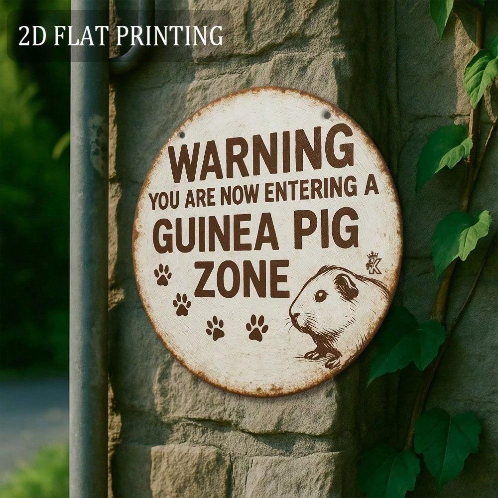 Funny Guinea Pig Area Sign, Retro Warning Metal Decor with Paw Prints, Rustic Pet Cage Ornament, 2D Flat Small Animal Gift
