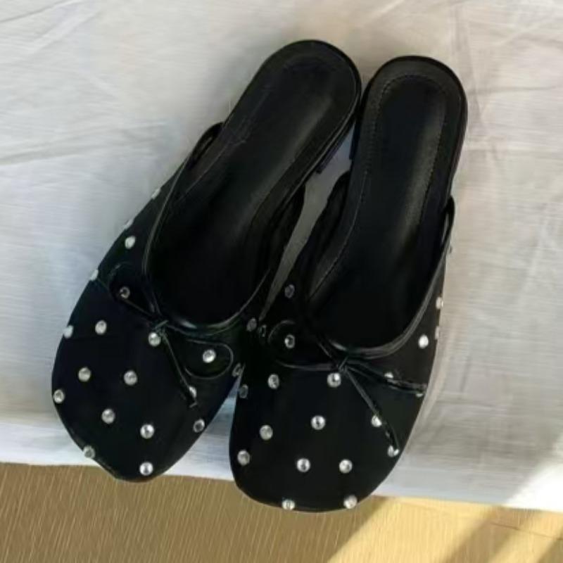 Fashion Low Heels Women's Fashion Round Head Shallow Mouth Crystal Mesh Butterfly Knot Soft Sole Anti-slip Wear-resistant Slippers