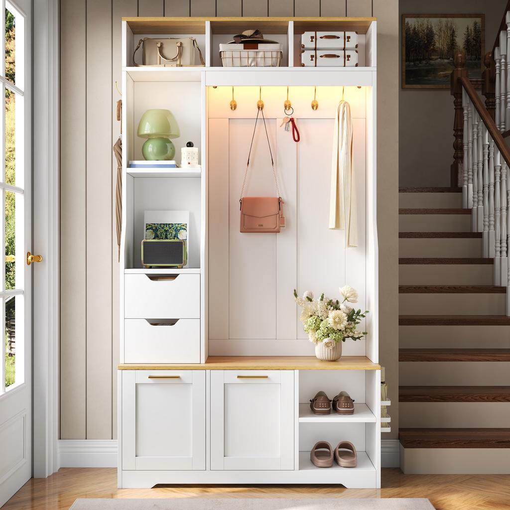 Hallway Cabinet Wardrobe Cabinet Shoe Cabinet Coat Hook Metal Hooks Metal Handle Flip-Down Shoe Compartment Bench APP LED Light Hallway