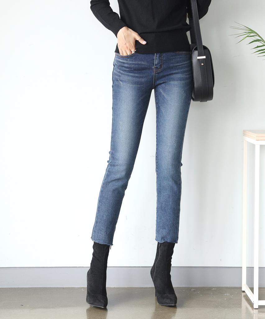 Jikeulib Double-Weave Brushed Fleece Secret Elastic Waist Cut-Off Hem Stretch Jeans