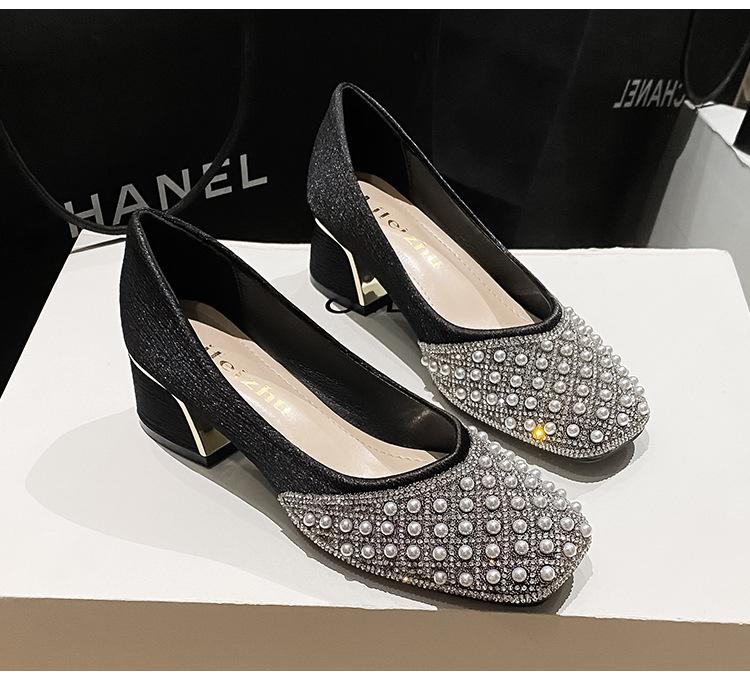Size 35-43 Women Wedding Pumps Med Heel Square Toe Office Lady Shoes Pearls Diamonds Bowknot Decoration Party Shoes