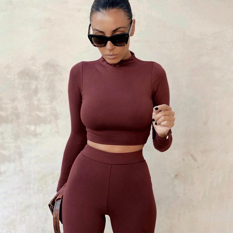 VEZFAA Women's Fashion Casual Spring Autumn Solid Color Print Long Sleeve O-Neck Trousers Pants Suits