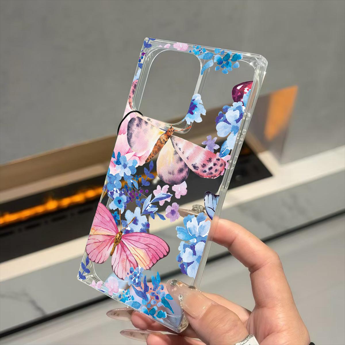 

Прозрачный квадратный чехол-бампер для iPhone 14 Pro Max 15 Plus 13 16 ProMax 12 11, защита от окисления, синий цветочный узор с бабочками iphone 11 ProMax