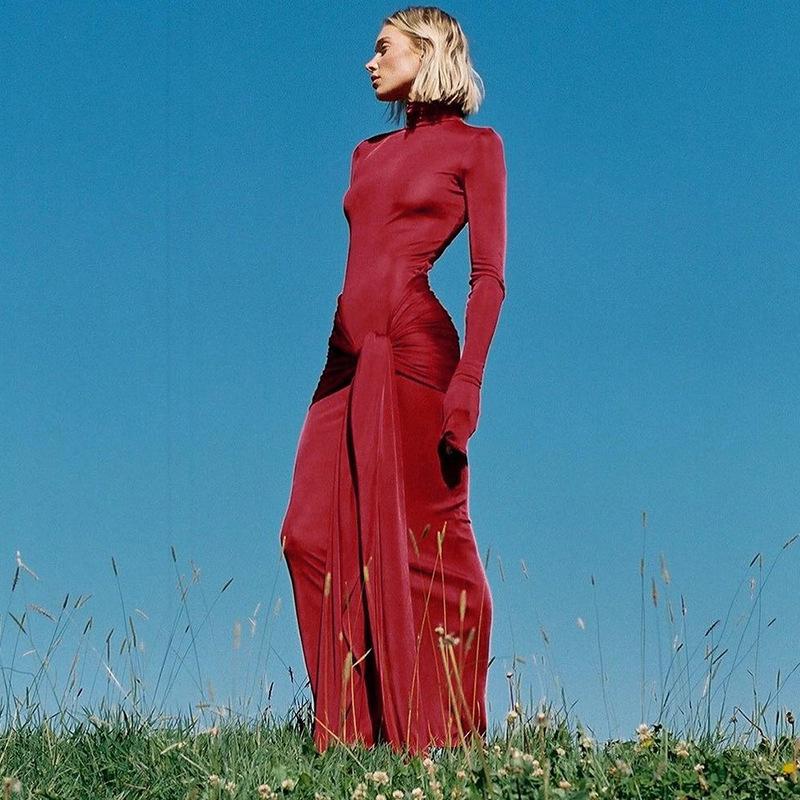 Frauen 2024 Frühling Herbst Mode Langarm Streetwear Bodycon Schwarz Midi Kleid Großhandel Artikel Für Business
