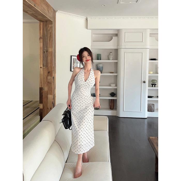 

2024 Корейско-французский стиль с открытой спиной, шнуровкой в горошек, длинным А-силуэтом, летнее платье Large