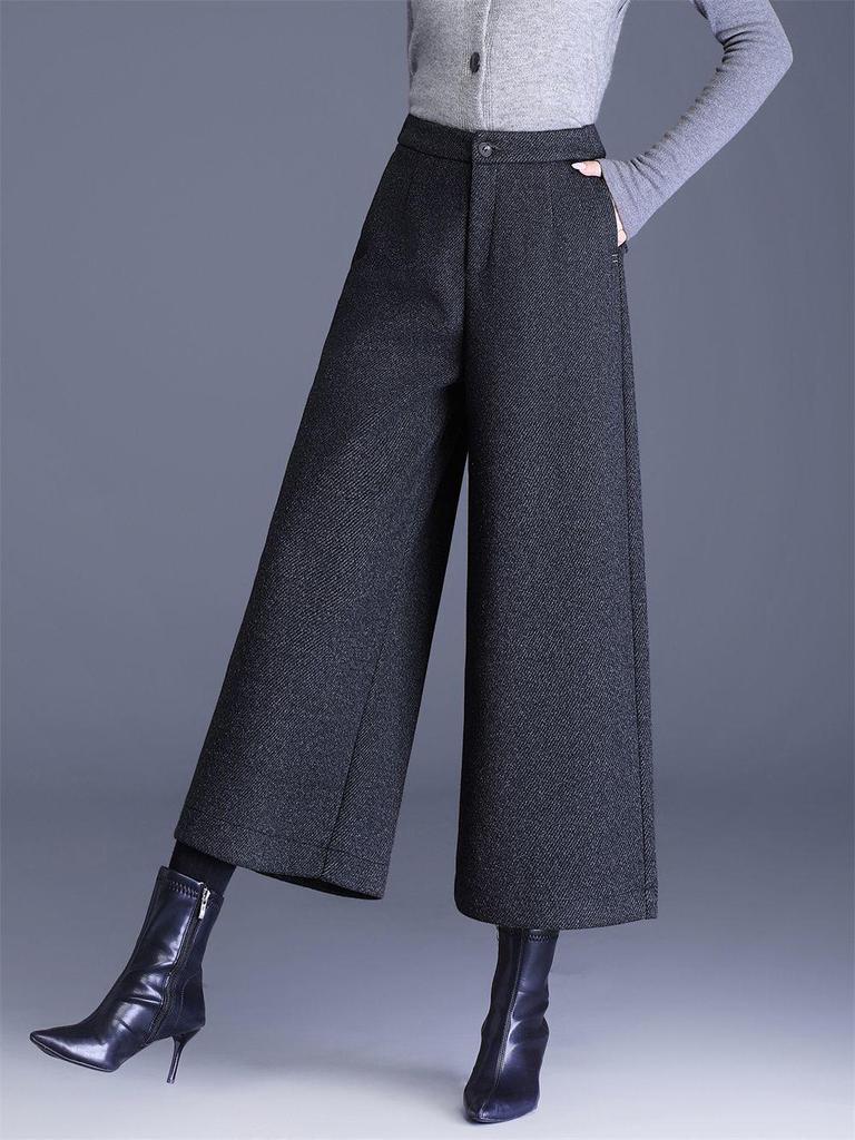 Women's High-Waist Winter Wool Wide-Leg Pants, Thickened Drape, 2025 New Petite 9/10 Length Straight-Leg