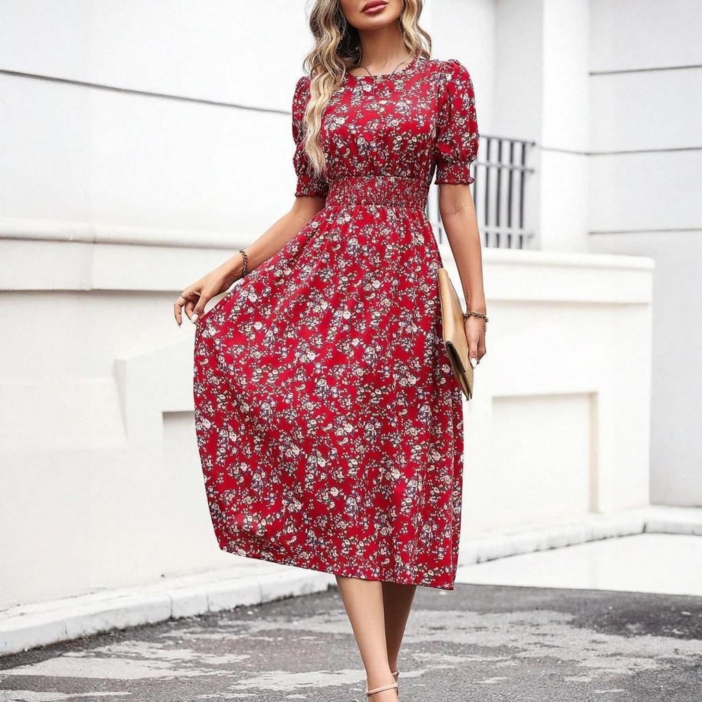 Women's Fashionable Round Neck Short Sleeved Floral Print Holiday Casual Dress