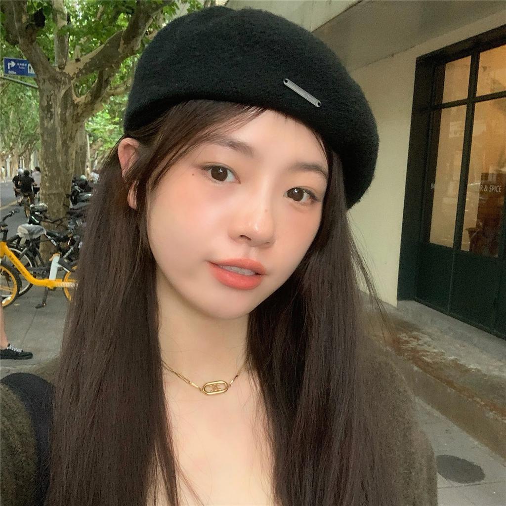 Metal Label Camel Hair Beret for Women Korean Style Autumn and Winter Woolen Beret Versatile Face Showing Small Retro Painter Hat
