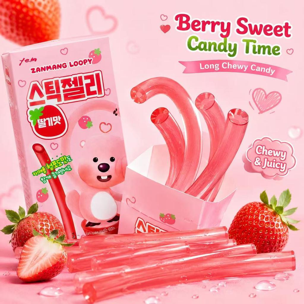 YEM Zanmang Loopy Strawberry‑Flavor Long Strip Candy 60g | Tangy Sweet Fruit Taste, Chewy Elastic Texture, Unique Strip Shape