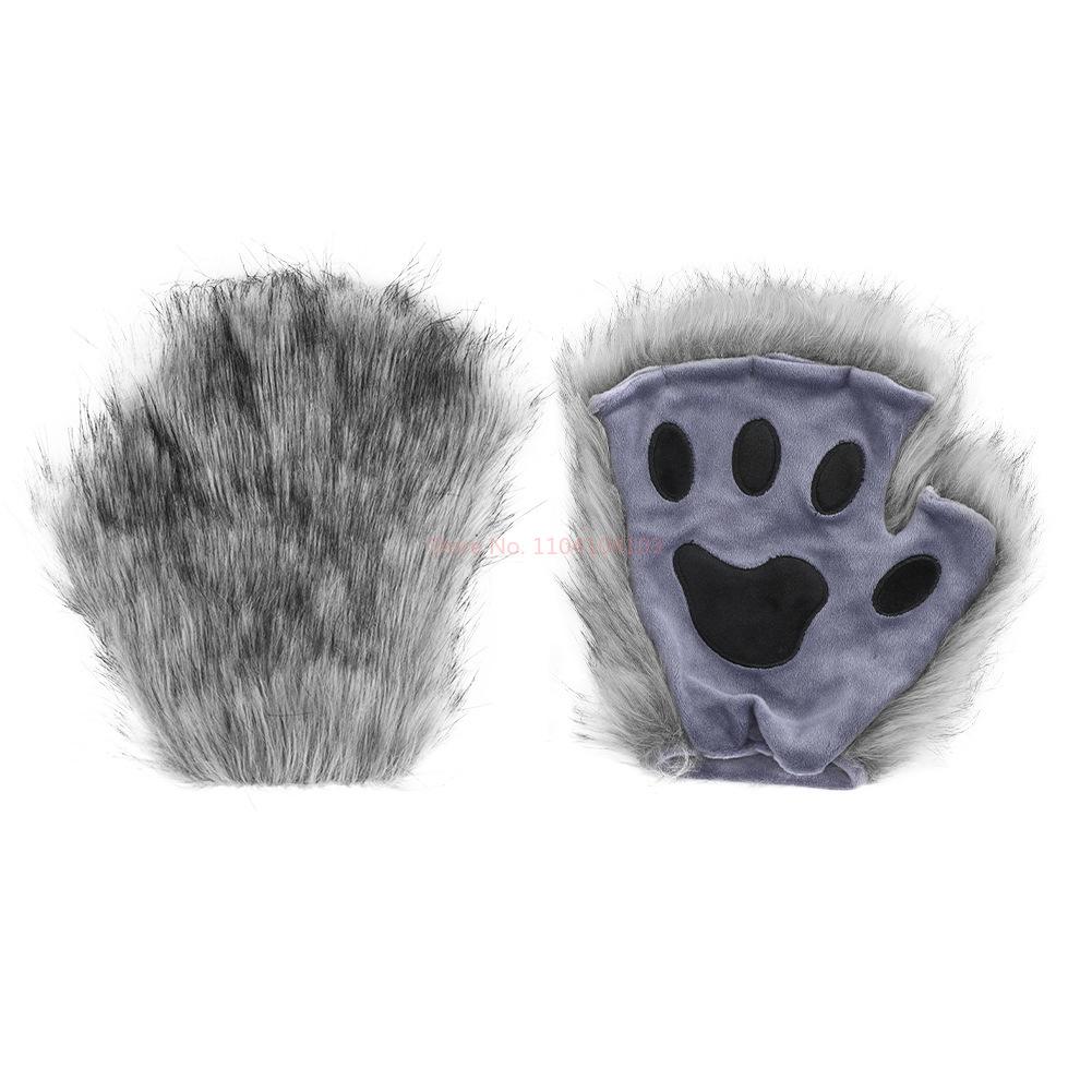 Fluffy Fur Fox Tail Cat Paws Gloves And Ears Headwear Face Mask Cosplay Costume Wolf Therian Mask Set Halloween Party Accessorie