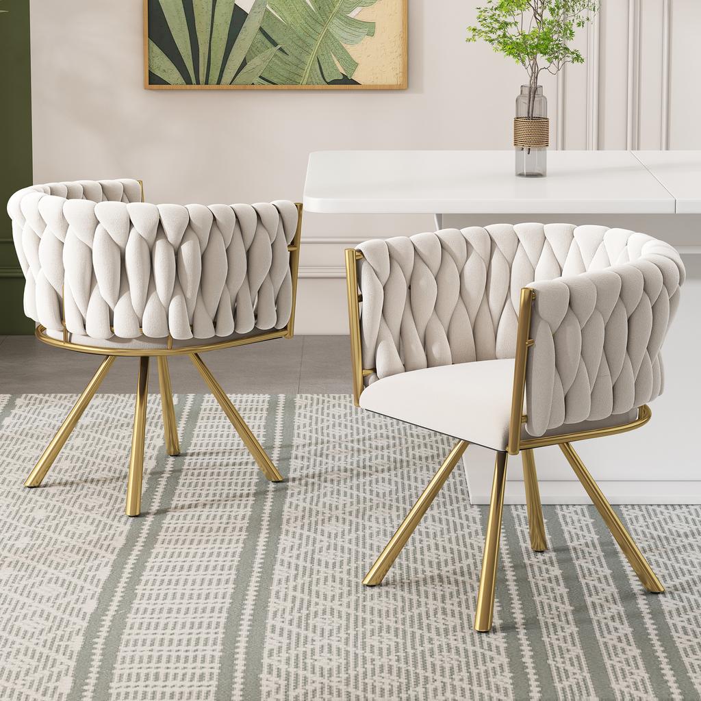 Velvet Dining Chair, Set of 2, Single Light Luxury Living Room Bedroom Swivel Chair, Leisure Swivel Chair with Four Metal Support Legs, Beige and Gold