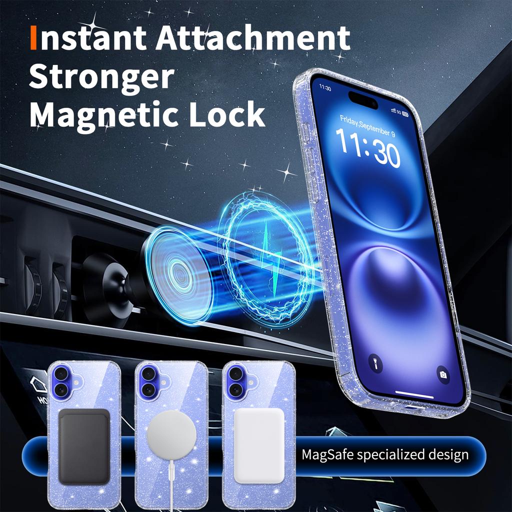 Anti-žloutnoucí třpytivý průhledný kryt pro Magsafe iPhone 17 Air 16 E 15 15Pro 14 Plus 13 Pro Max 13Pro 14Pro 16Pro 17Pro Mag Safe Kryt na telefon Příslušenství