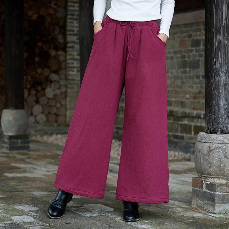 Johnature Fashion All-match Casual Retro Elastic Waist Wide Leg Pants Autumn Winter Simple Comfortable Women Warm Pants