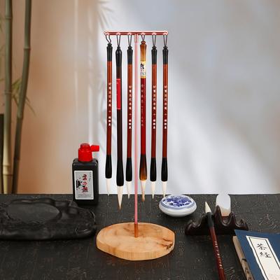 Chinese Zodiac Brush Pen Holder with Beechwood Base Calligraphy Rest Ink Hanger 12 Hooks Writing Brush Holder School Stationery