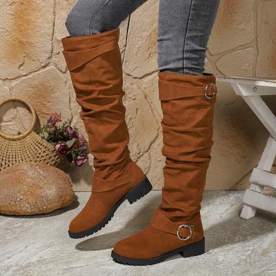 2025 Europäische und Amerikanische Mode Herbst/Winter Neuheiten - Damen Stiefeletten mit niedrigem Absatz aus gerafftem Leder Mid-Calf Damenstiefel
