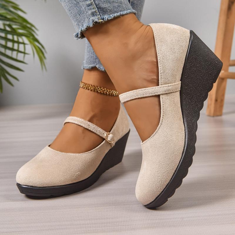 New spring and autumn solid color thick bottom light mouth comfortable suede soft bottom wedge heel round head single shoes women's shoes