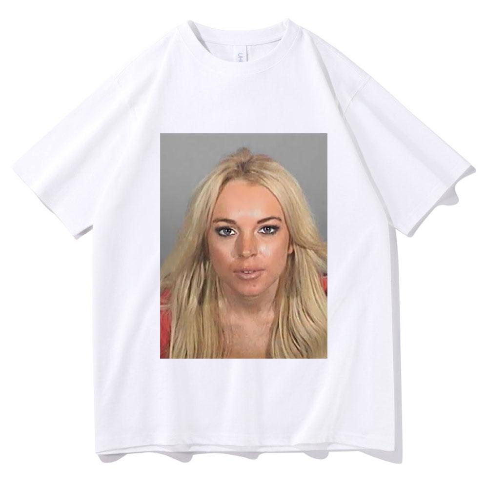 Lindsay Lohan Mugshot Print Tshirt Men Womens Fashion Trend Tshirt Summer Unisex Pure Cotton Oversized Short Sleeve T Shirts