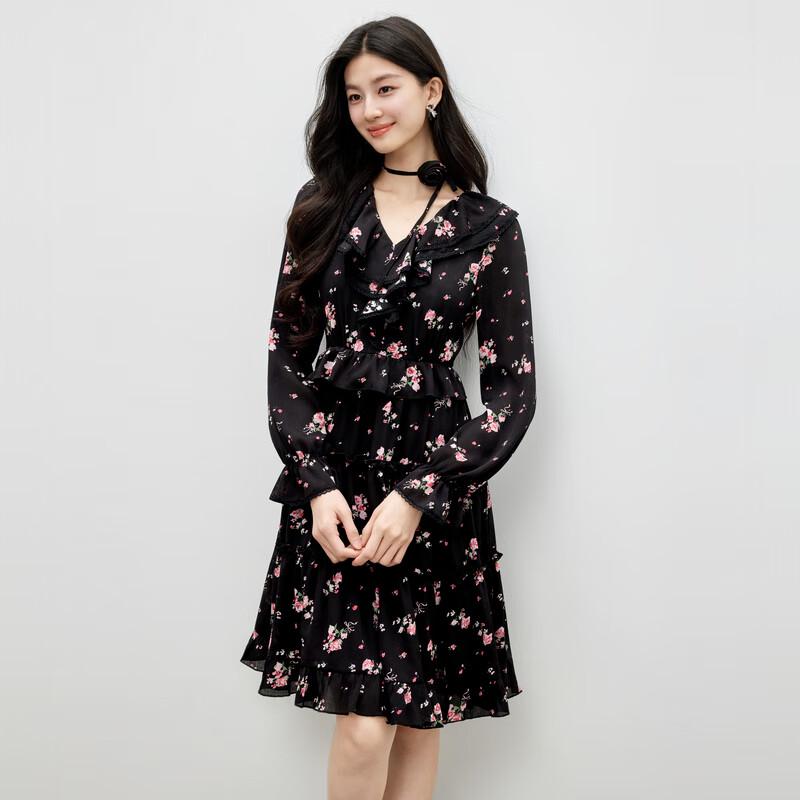 

Qiushuiyiren Элегантное миди-платье А-силуэта с контрастным кружевом L