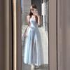 French Blue Square-Neck Spaghetti Strap Summer Dress for Women - Slim Waist, Gentle Fluffy Long Style