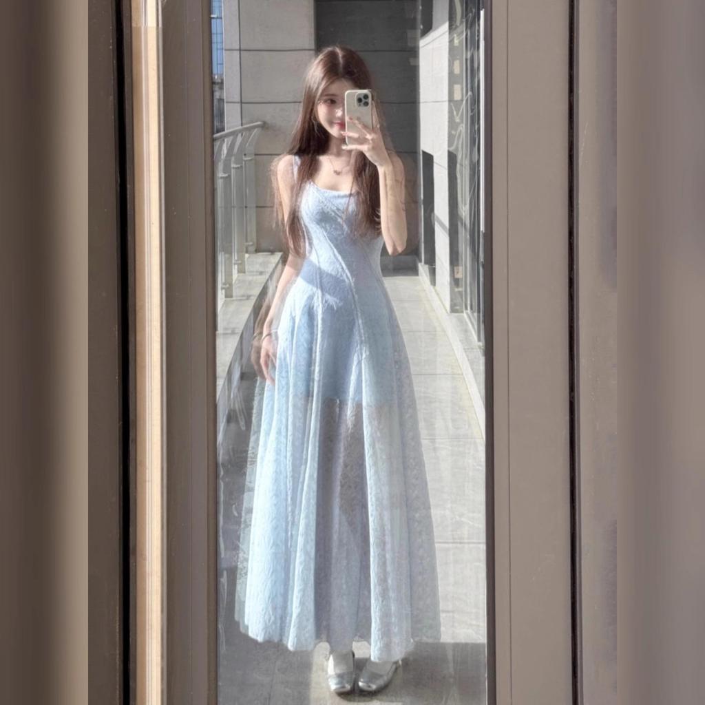 French Blue Square-Neck Spaghetti Strap Summer Dress for Women - Slim Waist, Gentle Fluffy Long Style