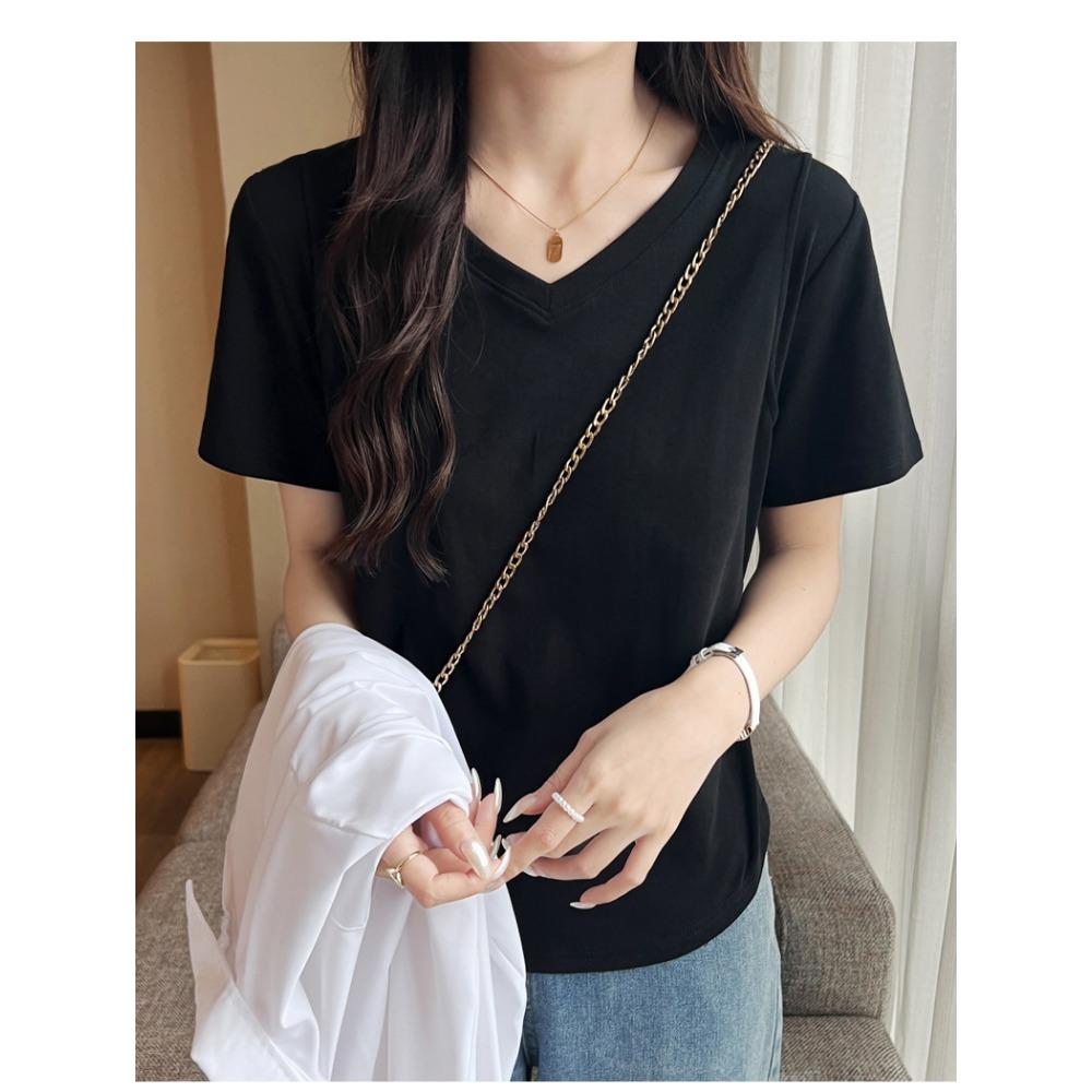 Short sleeved T-shirt women's summer new high-end cotton simple and fashionable plus size irregular hem slim fit V-neck top