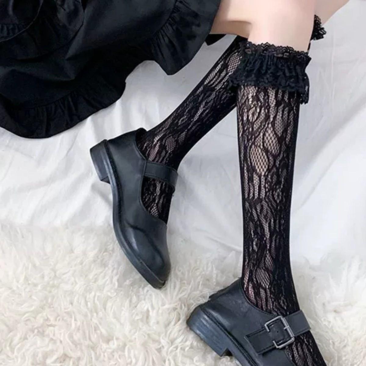 

Women s Lolita Style Lace Heart Summer Thin Mid-tube Socks Sweet Japanese White Soft Breathable Calf Jk Socks for Girls One size чёрный