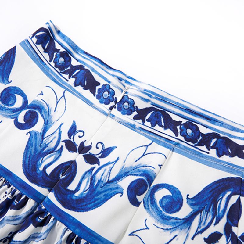 Elegant Porcelain Pattern Two Piece Set Women Flower Print Short Crop Top Pleated Maxi Skirt Suits Female Patchwork Vintage Strap Sets 2024