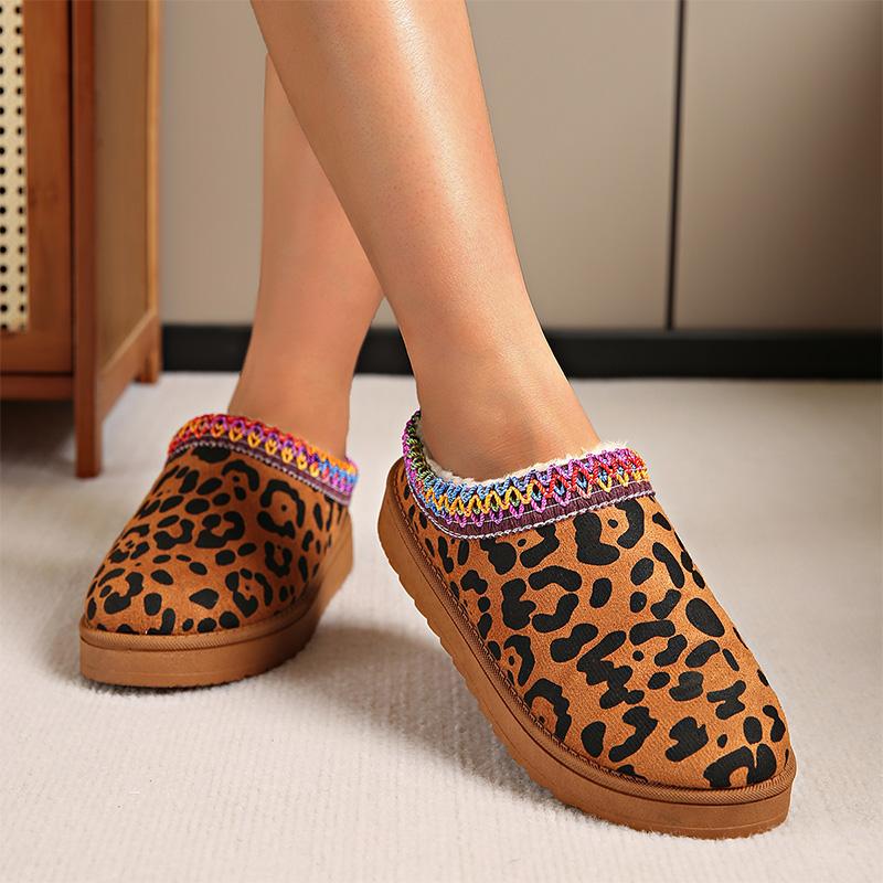 Fashion Leopard Flat Snow Boots for Women 2025 Winter Warm Comfort Thick Cotton Slippers Woman Plus Size Soft Thick-Soled Cotton Boots