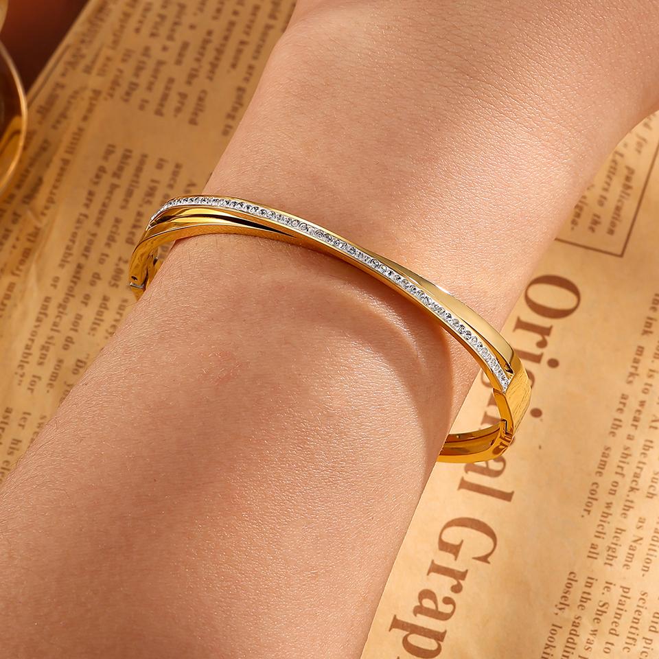 Htpwe Stainless Steel Zirconium Cross Double Layer Bracelet Women's Plated 18k Gold Couple Holiday Gift Bracelet Party Zircon