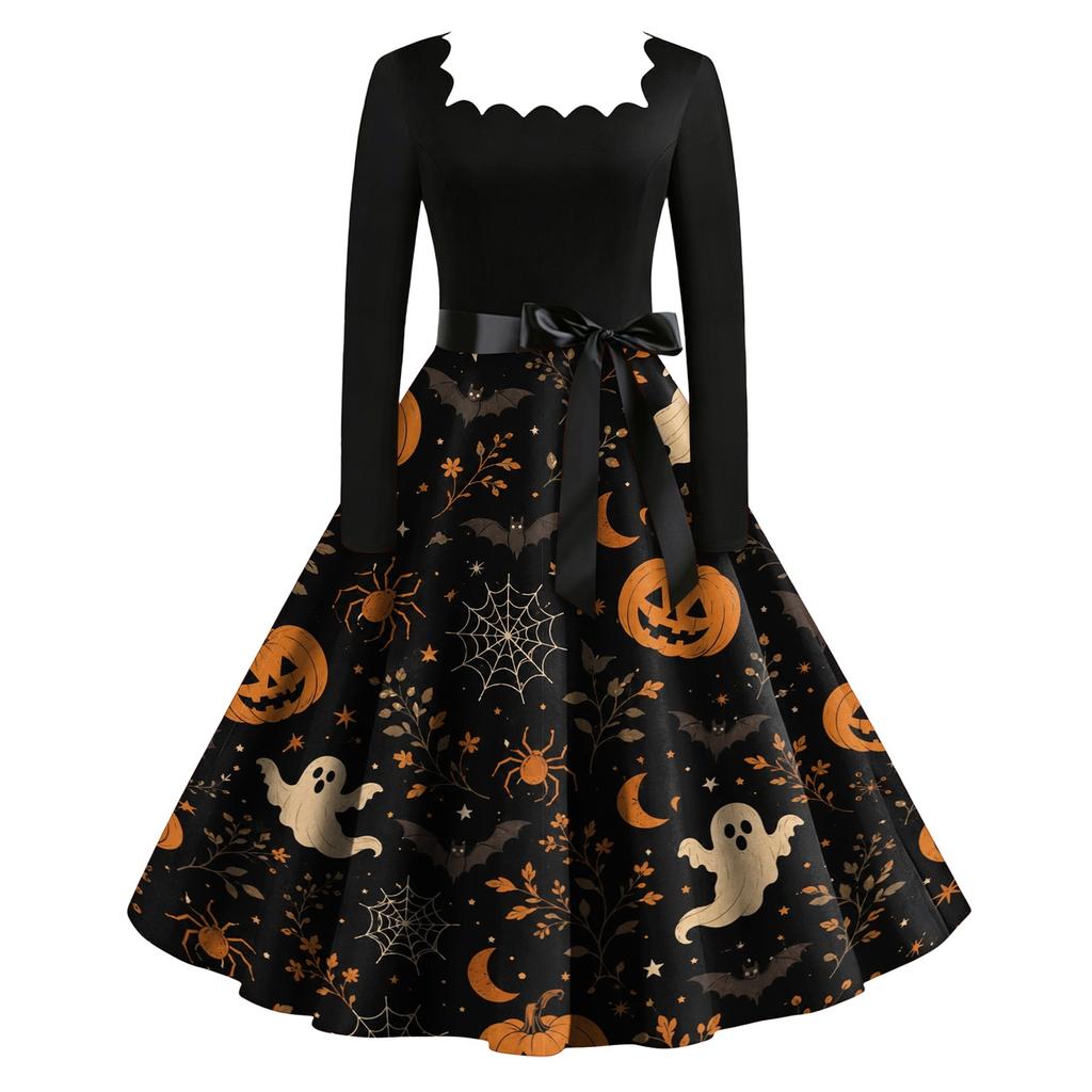 Women's Vintage Long Sleeve Square Neck Halloween Print Party Dress with Flared Skirt and Waist Tie for Evening Events