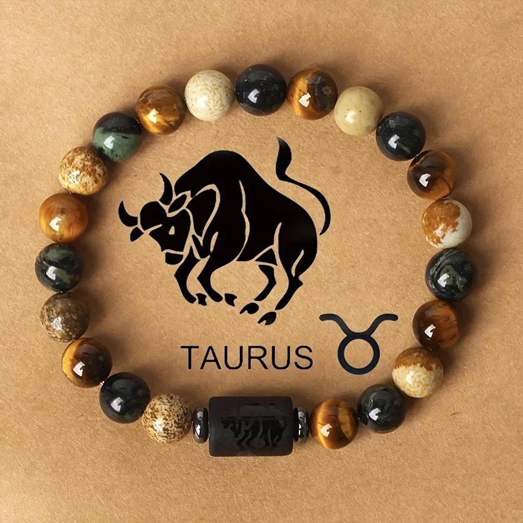 12 Constellations Natural Stone Beaded Bracelet Zodiac Tiger Eye Stretch Bracelet for Women Men