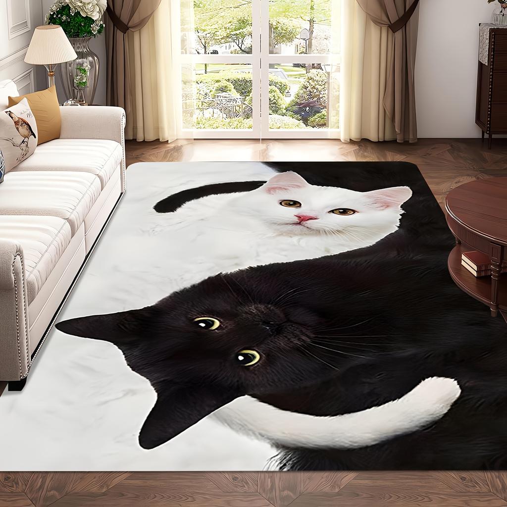 Minimalist Black & White Cat Door Mat, Creative Animal Art Non-Slip Rug, Washable Decor Carpet for Home Office Living Room