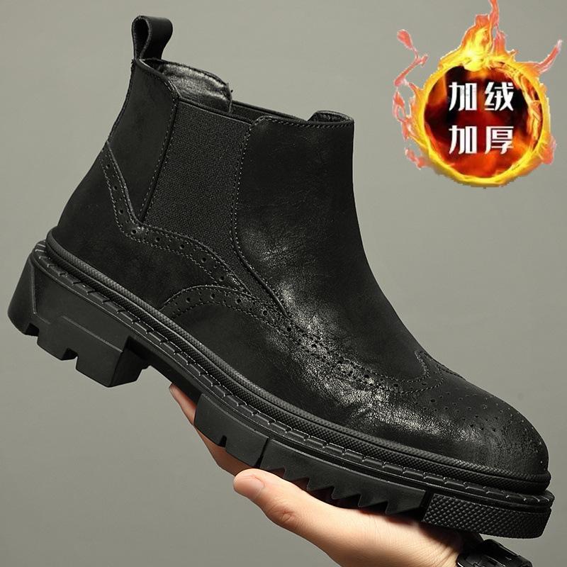 

thick-soled Martin boots heightening leather boots men s shoes winter velvet leather casual medium and high-top cigarette tube Chelsea leather boots 44