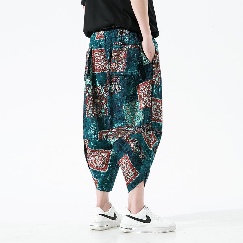 2025 Summer Men's Plus Size Ethnic Print Harem Pants - Loose Fit, Straight Leg, Drop Crotch