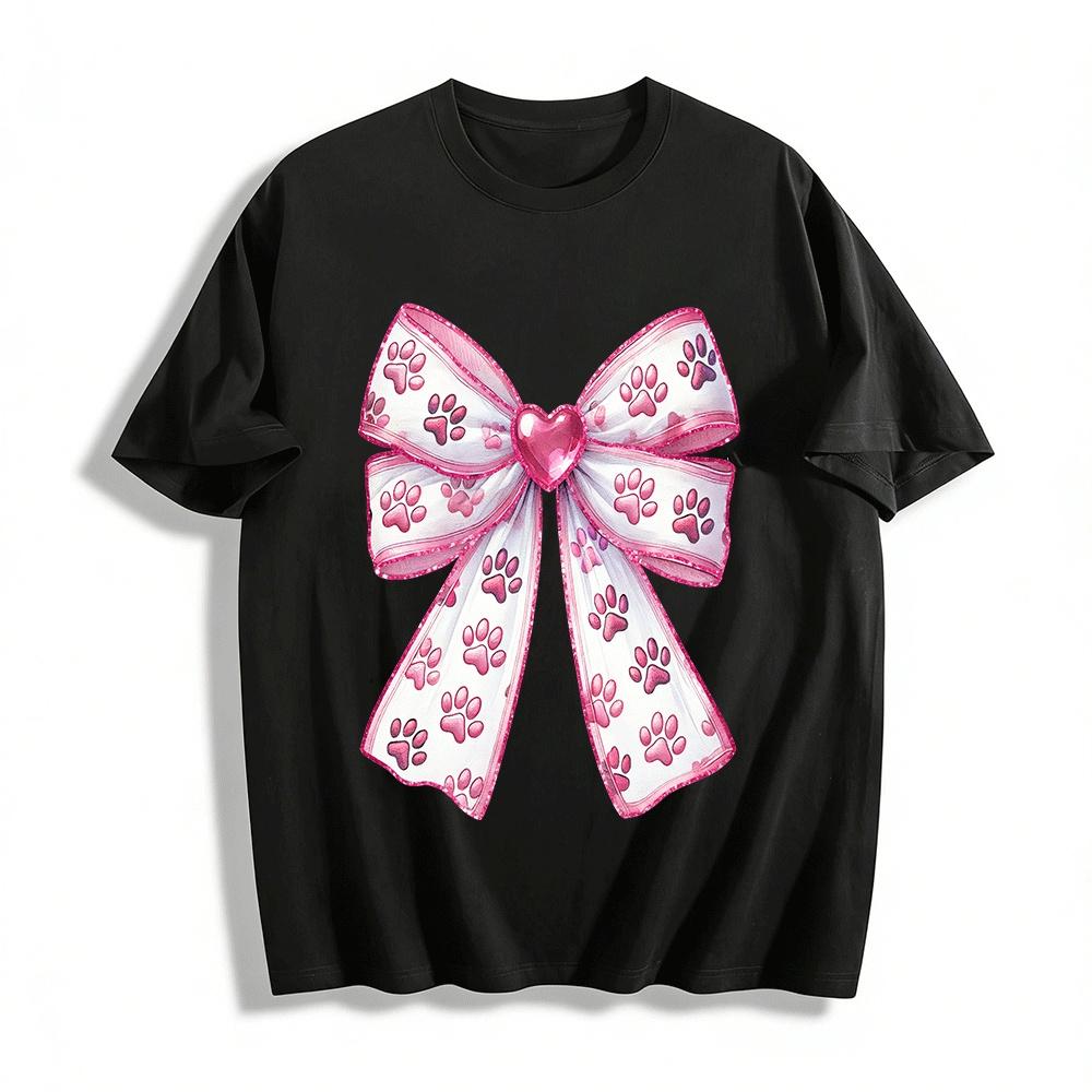 Cute Pink Paw Heart Bow Print Casual Loose Fit Top Pure cotton T-shirt XXS