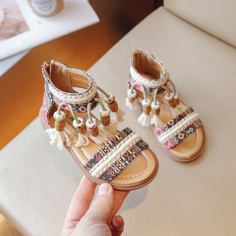 Sandalias Niñas Étnicas Retro Moda Infantil Calzado Casual Borlas Cremallera Trasera Verano Nuevas Sandalias Patrón Niños GLADIADOR Lindas