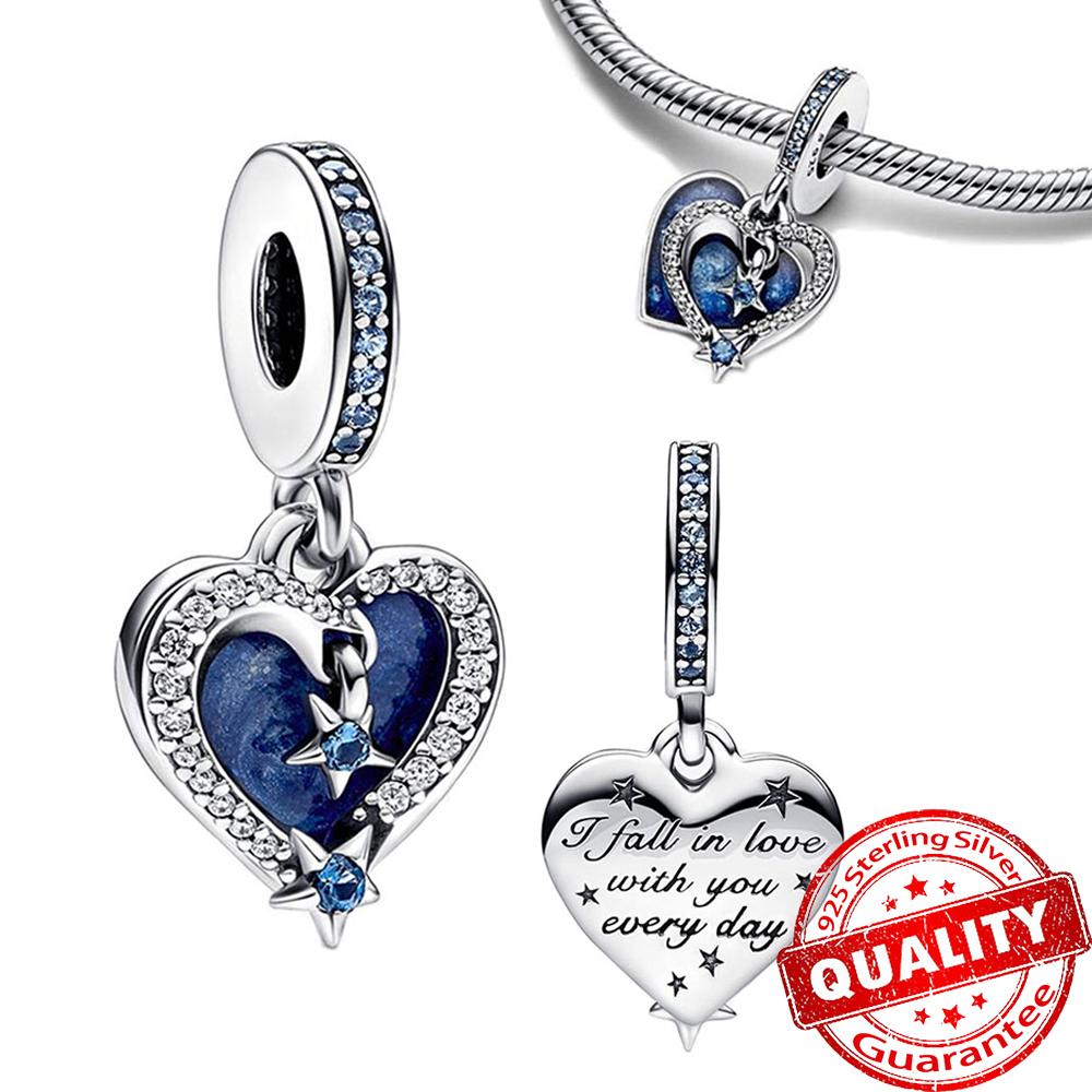Blue Copper Galaxy Star & Moon Murano Charm Fit Original Bracelet Lucky Cyan Clover Charm Diy Necklace Jewelry