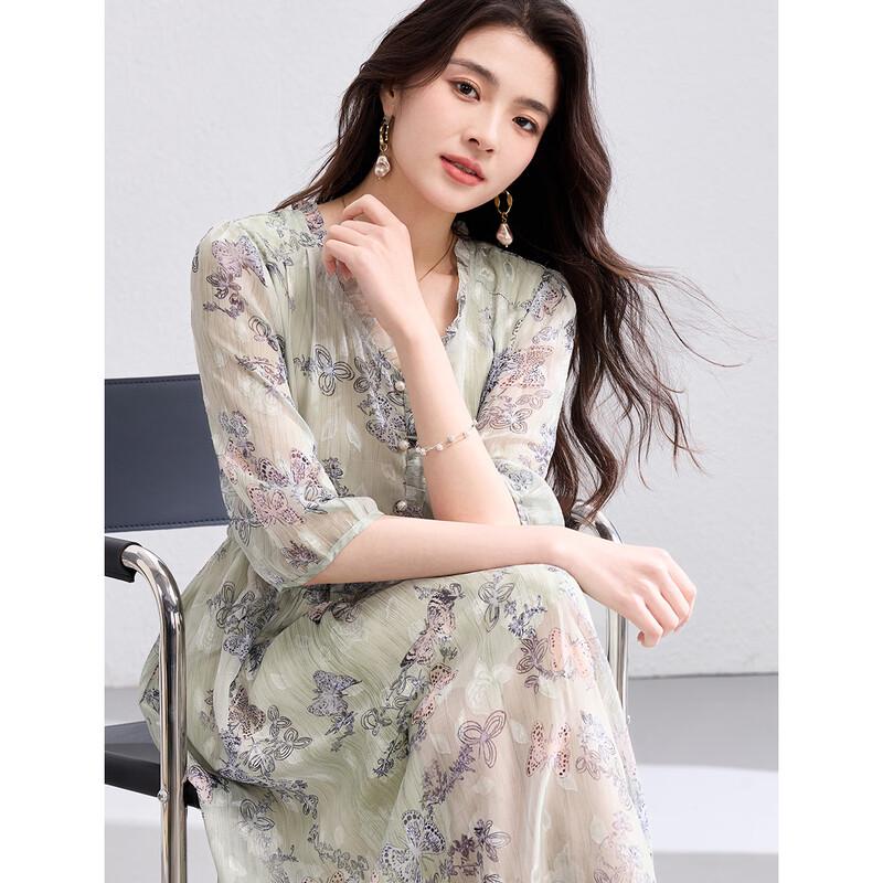 ORIGIN Women s Green V-Neck Printed Midi A-Line Dress M